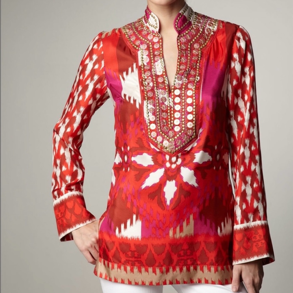 Tory Burch Red Embellished Long Sleeve Tunic